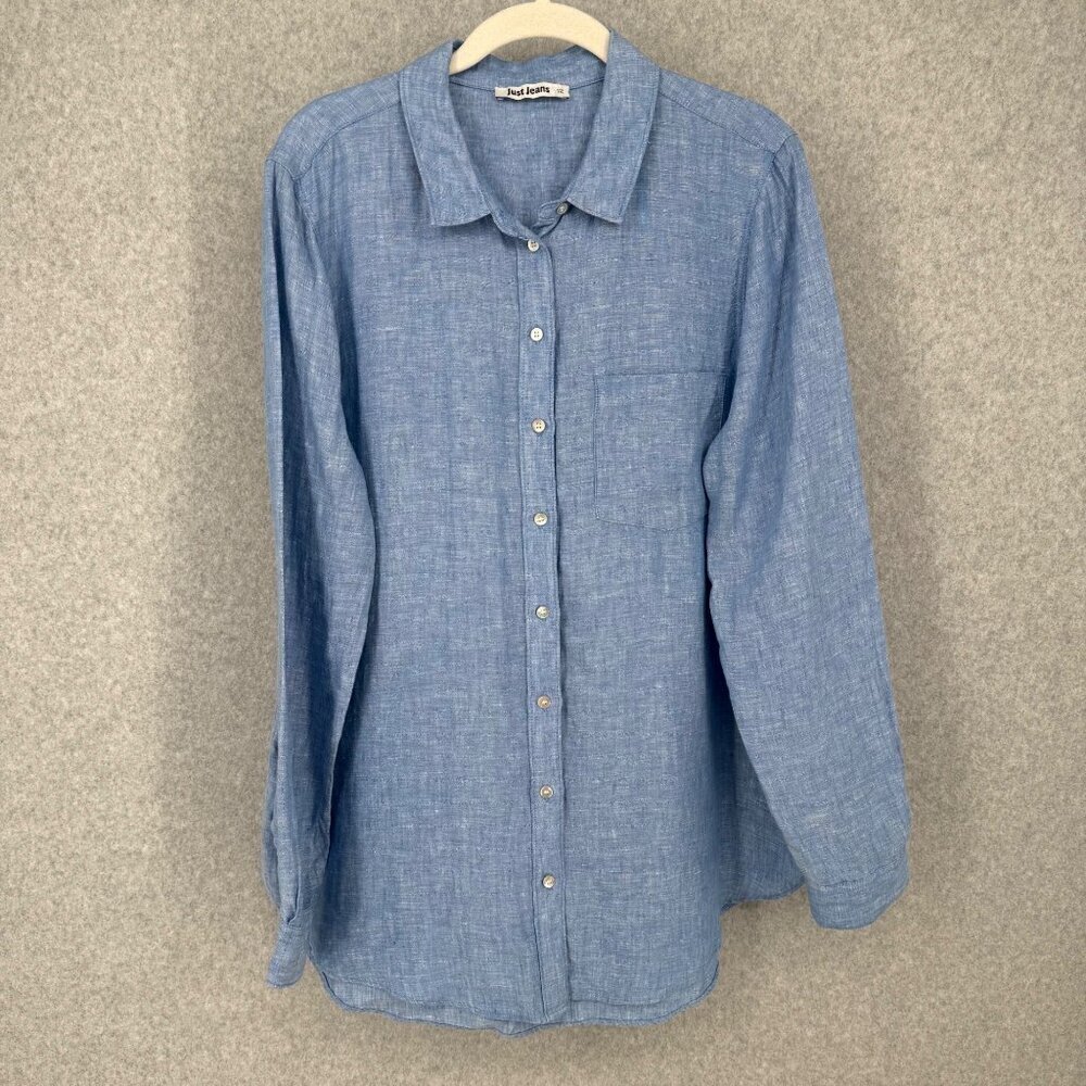 Just Jeans Womens 100% Linen Button Down Shirt Size 12 Blue Coastal Casual Beach